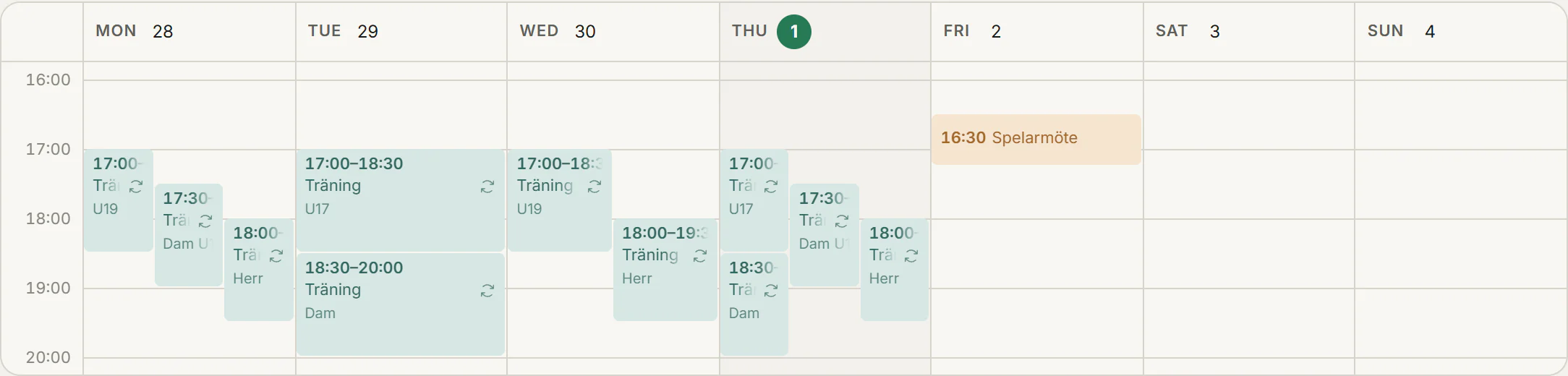 The calendar’s week view with the teams’ sessions and a player meeting