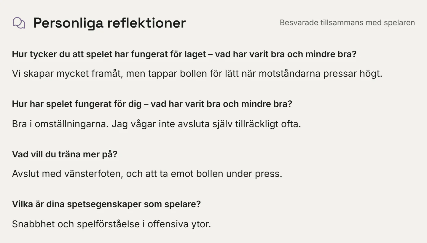 IUP-frågor om spelet, träningen och spetsegenskaper, med spelarens egna svar