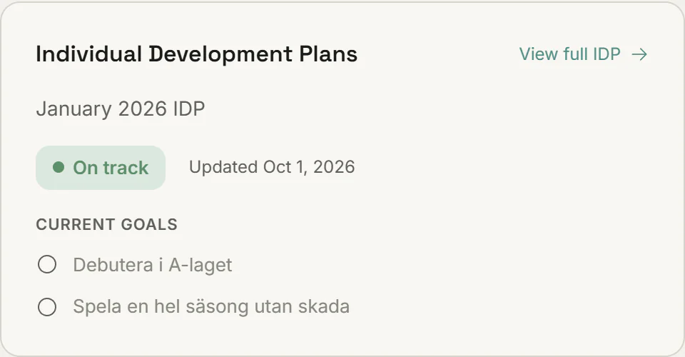 The development plan in the player’s profile, with its status and current goals