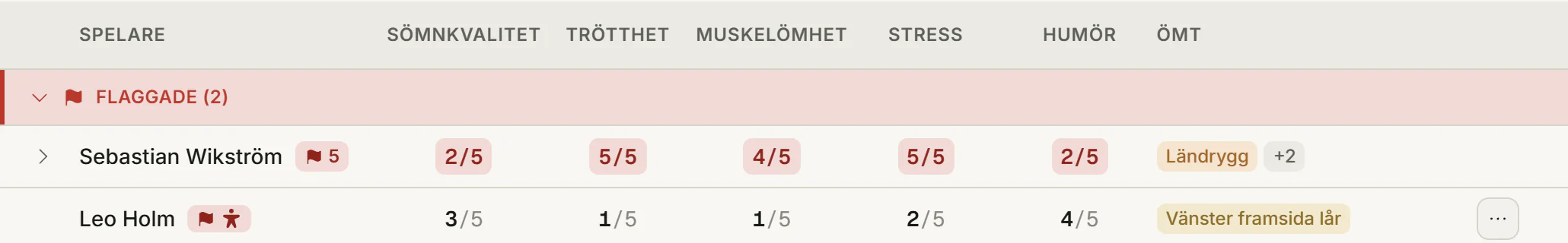 Flaggade spelare med svaren som flaggades