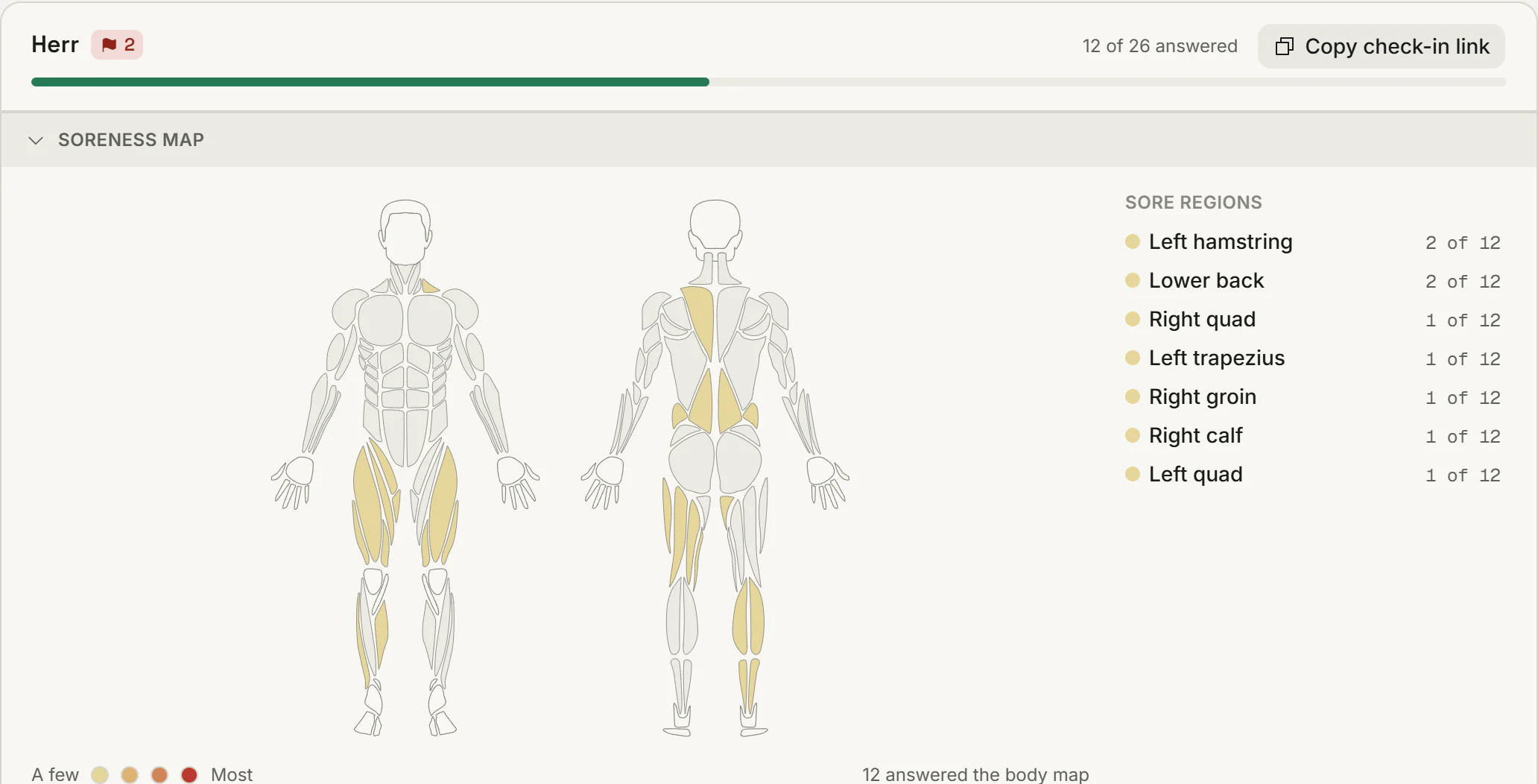 A team’s body map of sore regions and how many have answered
